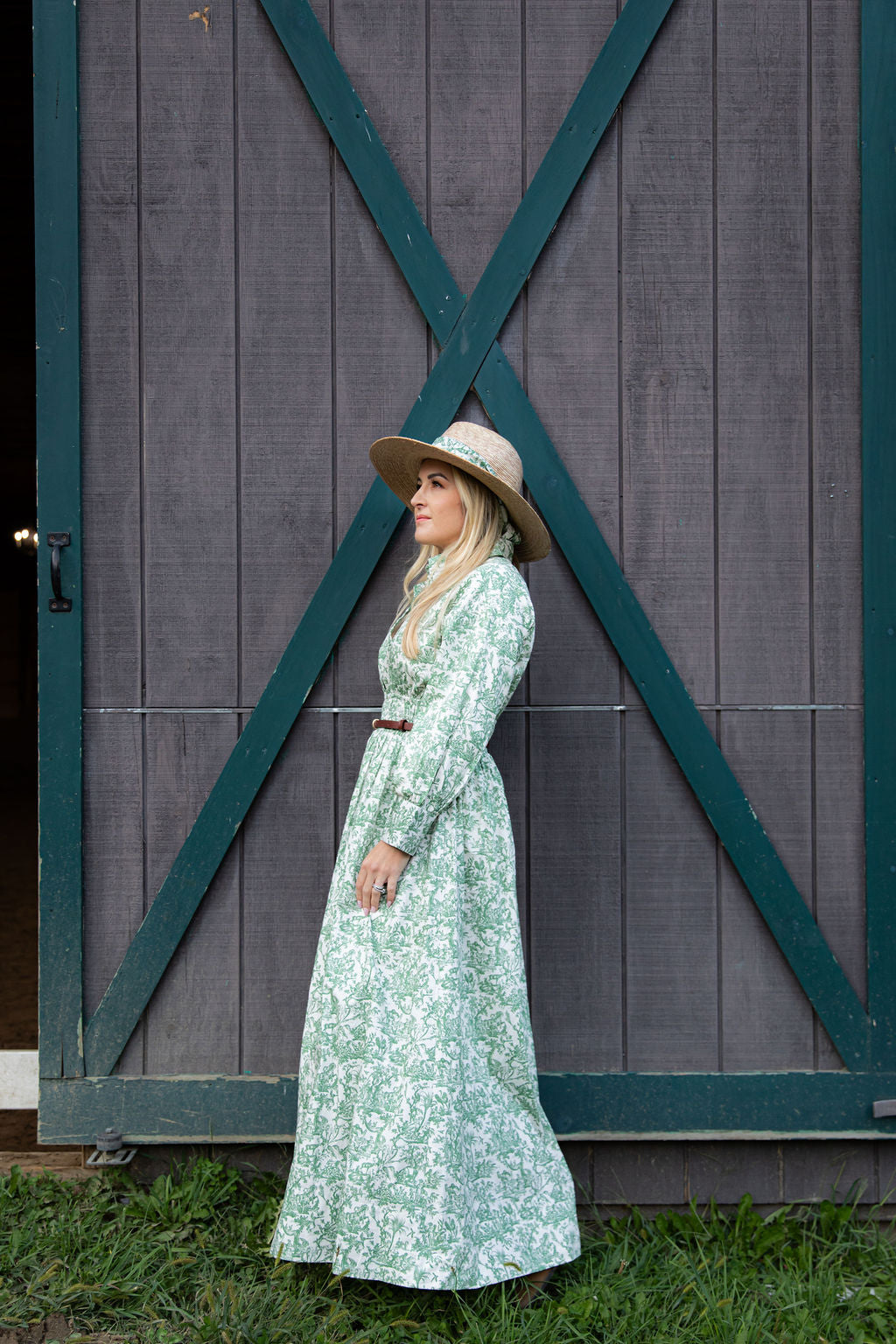 UPF 50+ Cotton Dress – Green Toile Maxi Length Sun Protective Dress