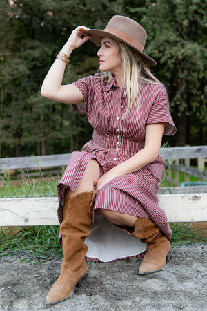 Cinnamon Brown stripe UPF 50+ cotton dress for women on country farm background