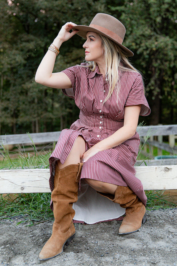 Cinnamon Brown stripe UPF 50+ cotton dress for women on country farm background