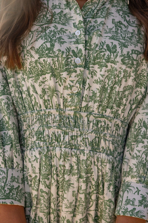 UPF 50+ Green and white floral patterned dress  with sun protection worn by a person
