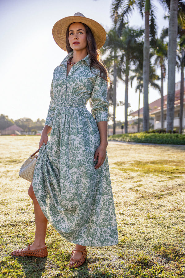 UPF 50+ Cotton Dress – Green Toile Maxi Length Sun Protective Dress
