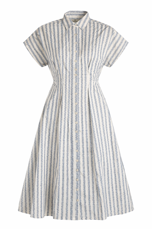Blue floral stripe UPF 50+ cotton dress for women on white background