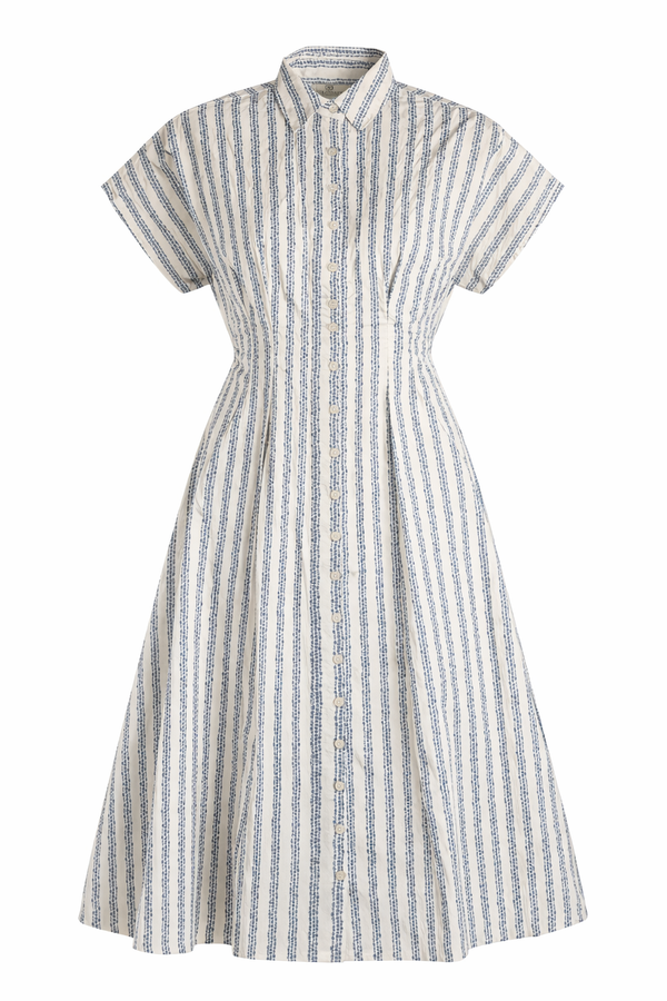 Blue floral stripe UPF 50+ cotton dress for women on white background
