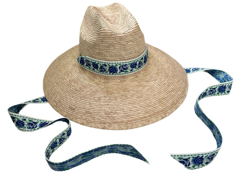 Hollyhock Sun Hat - Vintage Azure Garden Rose Ribbon
