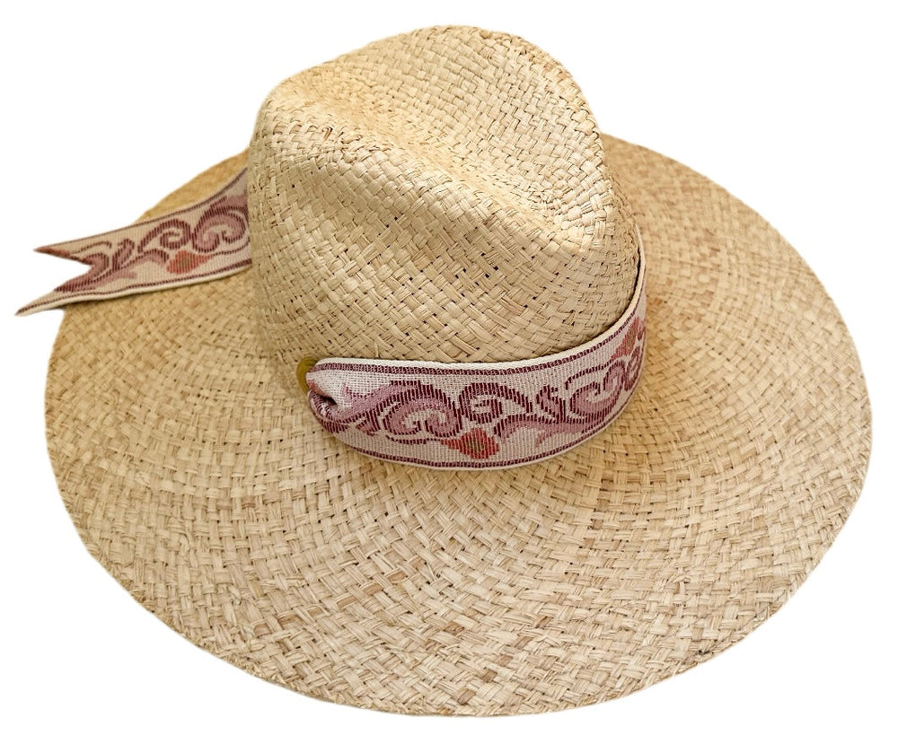 Oleander Sun Hat - Vintage Aubergine Lily Tapestry Ribbon
