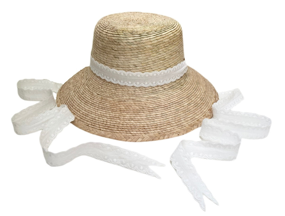 Palmetto Little Girl’s Hat - Vintage Swiss Dot Lace Ribbon
