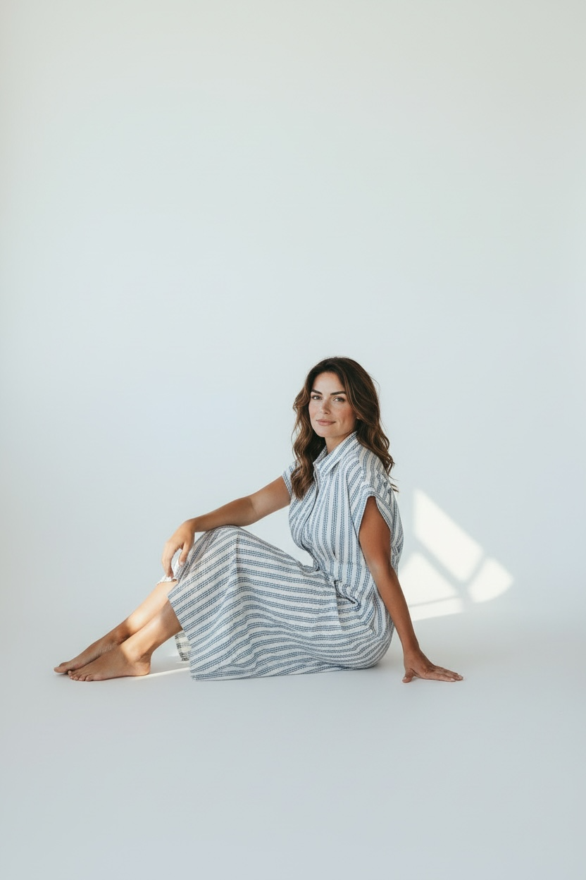 Blue floral stripe UPF 50+ cotton dress for women on white background
