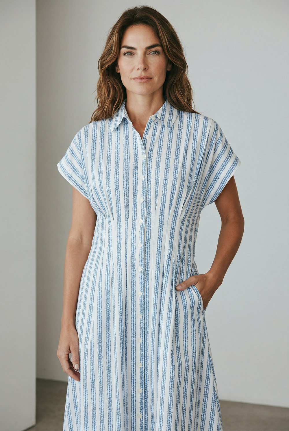 Blue floral stripe UPF 50+ cotton dress for women on white background